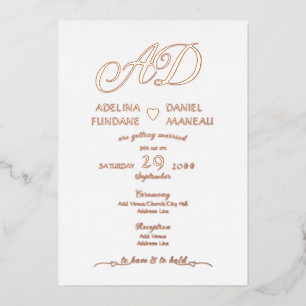 Invitation En Aluminium Calligraphie minimaliste moderne Coeur Blanc & Or