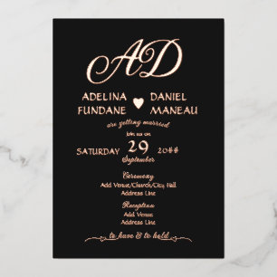 Invitation En Aluminium Calligraphie minimaliste moderne Coeur Noir & Or