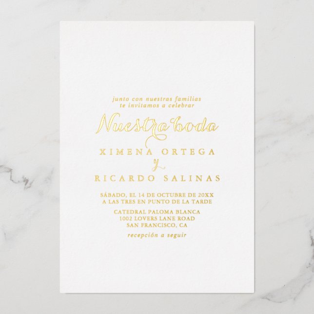Invitation En Aluminium Calligraphie moderne Nuestra Boda Mariage Gold (Recto)