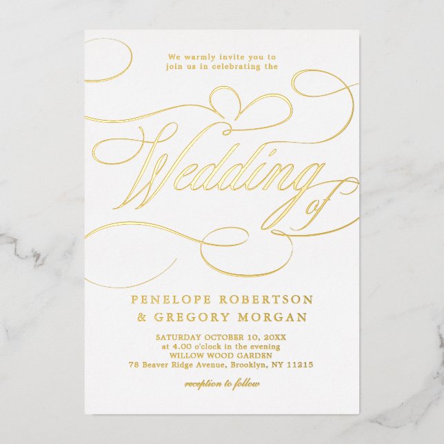 Invitation En Aluminium Calligraphie moderne or intemporel et mariage blan (Recto)