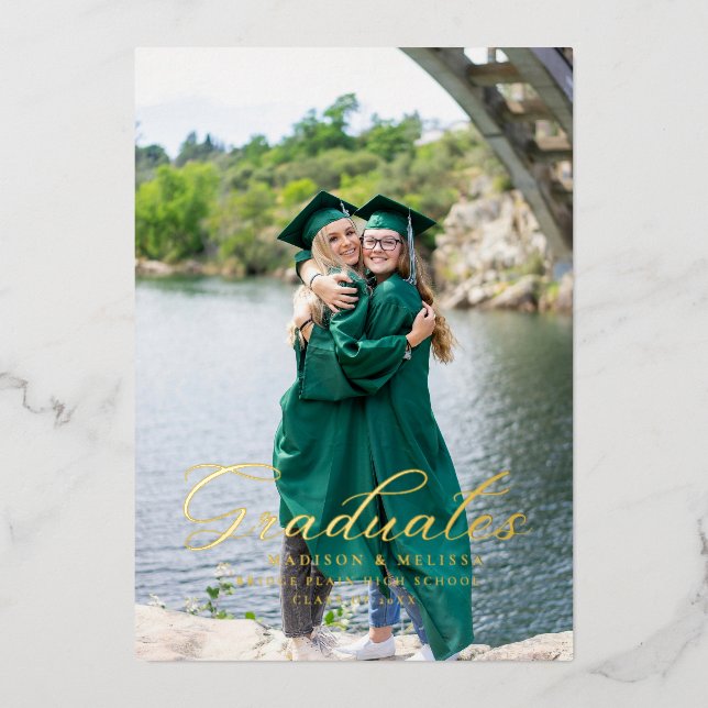 Invitation En Aluminium Calligraphie moderne Photo Twin Graduation (Recto)