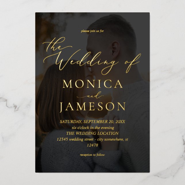 Invitation En Aluminium Calligraphie moderne V2 Mariage photo Dark (Recto)