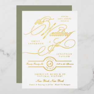 Invitation En Aluminium Calligraphie Or Elégant Forme Sage Mariage Blanc