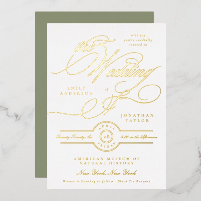 Invitation En Aluminium Calligraphie Or Elégant Forme Sage Mariage Blanc (Recto/Verso)