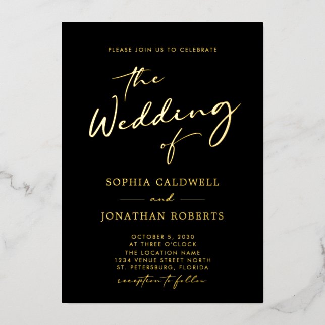 Invitation En Aluminium Calligraphie or tendance sur Mariage noir (Recto)
