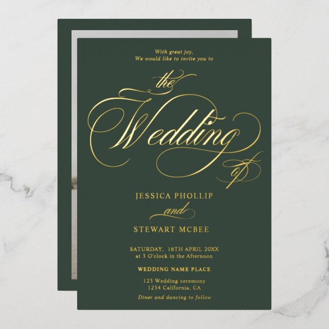 Invitation En Aluminium Calligraphie verte chic mariage or (Recto/Verso)
