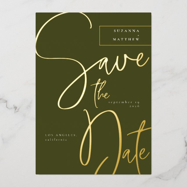 Invitation En Aluminium Calligraphie verte d'olive moderne Enregistrer la  (Recto)