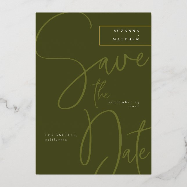 Invitation En Aluminium Calligraphie verte d'olive moderne Enregistrer la  (Recto)
