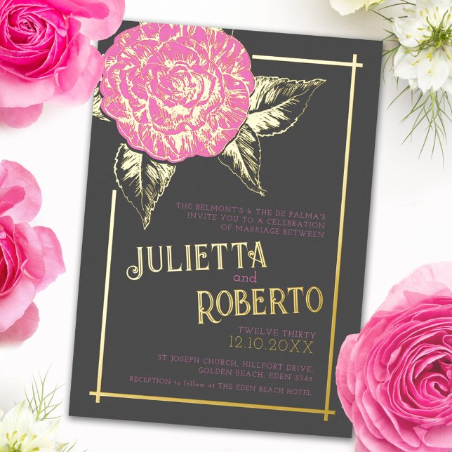 Invitation En Aluminium Camélia encrée mariage rose brun et or (Créateur téléchargé)