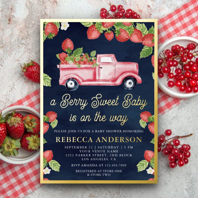 Invitation En Aluminium Camion fraise Berry Sweet Baby shower Marine Gold (Créateur téléchargé)
