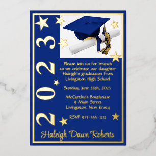 Invitation En Aluminium Cap, Diplôme & Étoiles, Bleu Royal & Or Diplômé