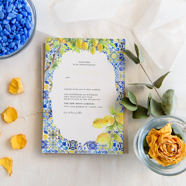 Invitation En Aluminium Carreaux de citron | Mariage d'été méditerranéen (Créateur téléchargé)