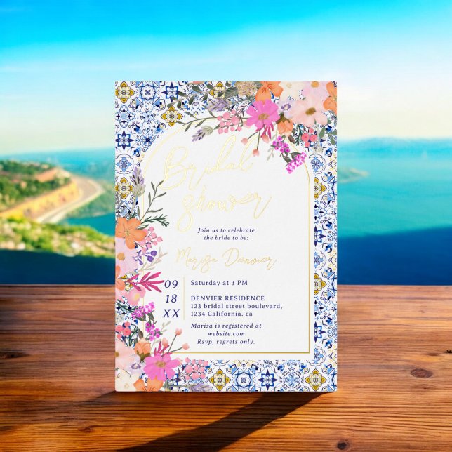 Invitation En Aluminium Carrelage bleu italien en aquarelle douche de mari (Italian blue tiles watercolor floral bridal shower foil invitation)