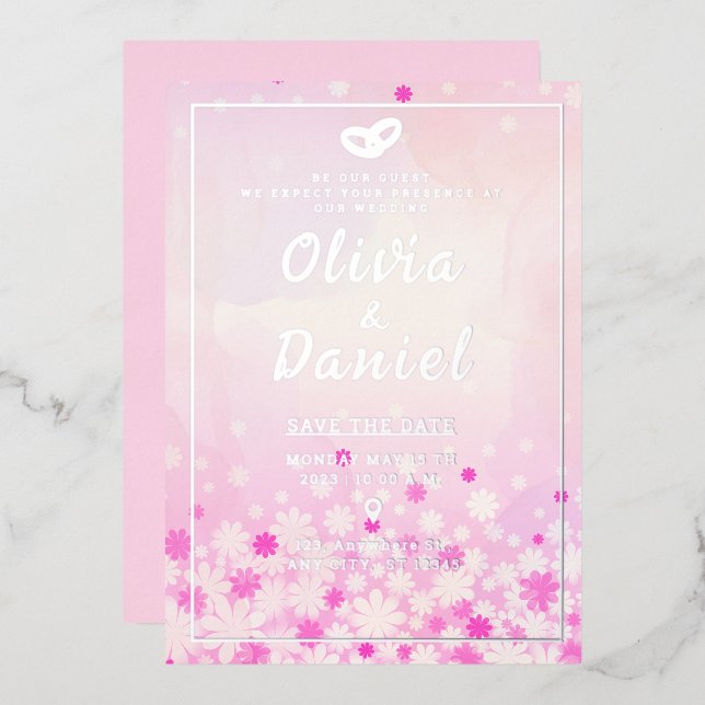 Invitation En Aluminium Carton d'invitation élégant à motif floral rose av (Recto/Verso)