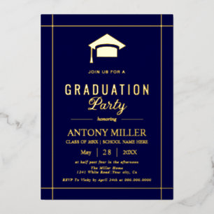 Invitation En Aluminium Casquette de graduation or Classe 2026 bleu marine