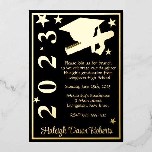 Invitation En Aluminium Casquette, Diplôme, Étoiles Black & Gold Graduatio (Recto)