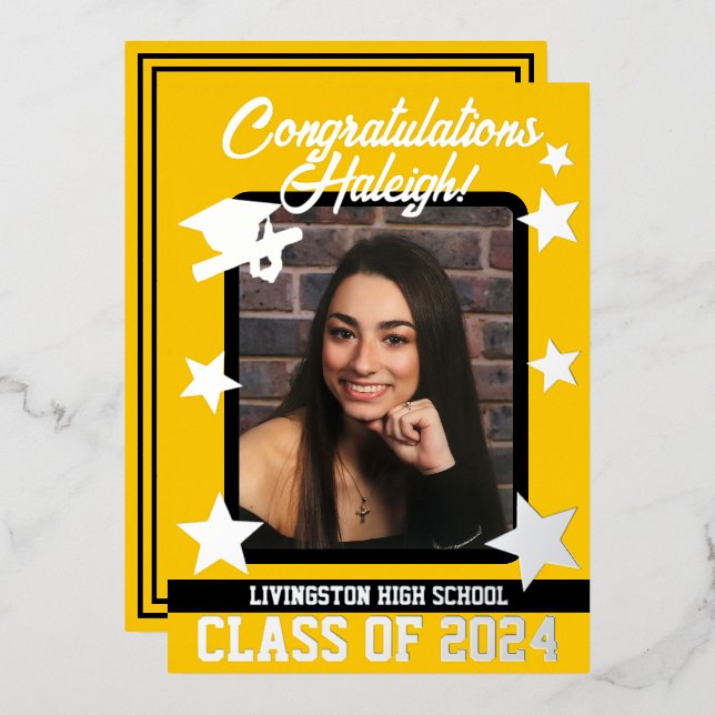 Invitation En Aluminium Casquette, Diplôme & Étoiles, Gold & Black Graduat (Recto/Verso)