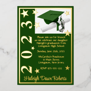 Invitation En Aluminium Casquette, Diplôme & Étoiles, Green & Gold Graduat