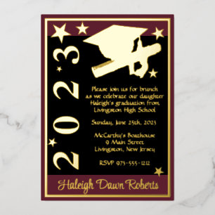 Invitation En Aluminium Casquette, Diplôme & Etoiles, Maroon, Noir & Or