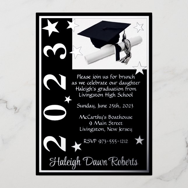 Invitation En Aluminium Casquette, Diplôme & Étoiles, Noir & Argent Gradua (Recto)