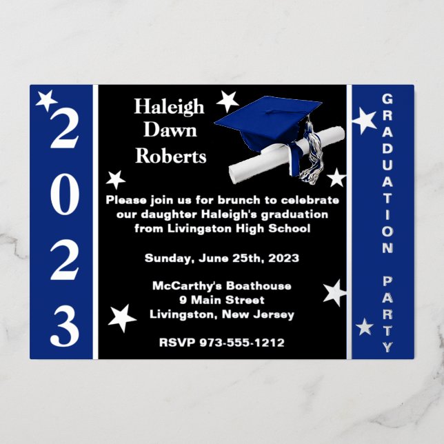 Invitation En Aluminium Casquette, Diplôme & Étoiles, Royal Blue, Black, & (Recto)