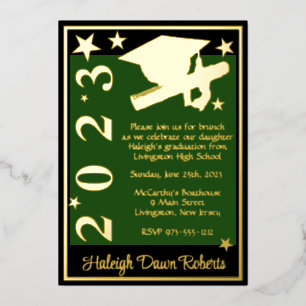 Invitation En Aluminium Casquette, Diplôme & Étoiles, Vert, Noir & Or