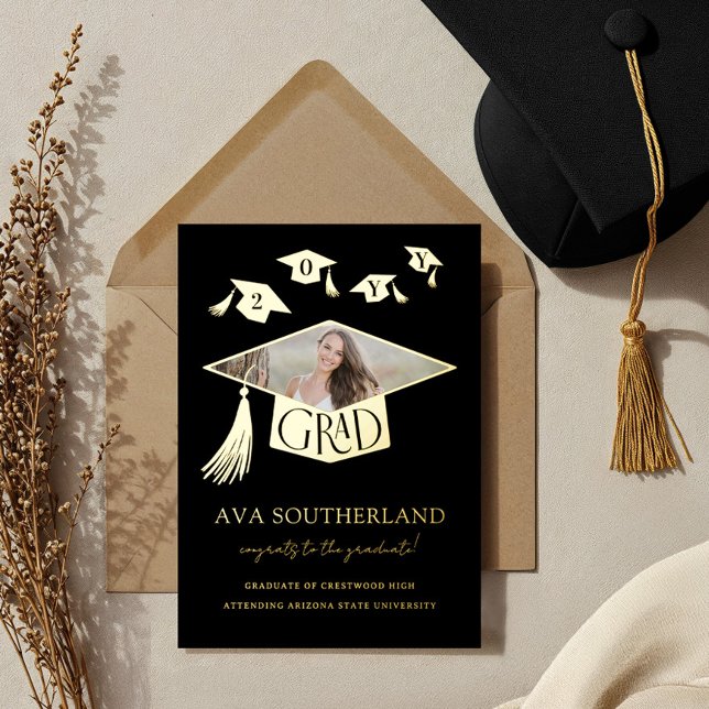 Invitation En Aluminium Casquette diplômé Tassel Photo Graduation Faire-pa (Grad Cap Tassel Photo Graduation Foil Announcement)
