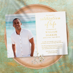 Invitation En Aluminium Célébration de la vie Elégant funéraire Photo Gold