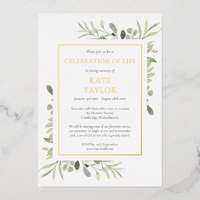 Invitation En Aluminium Célébration de verdure de la vie Funeral Gold (Recto)