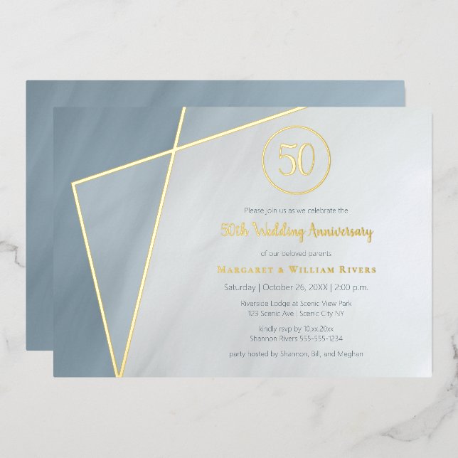 Invitation En Aluminium célébration du 50e anniversaire cadre doré bleu po (Recto/Verso)