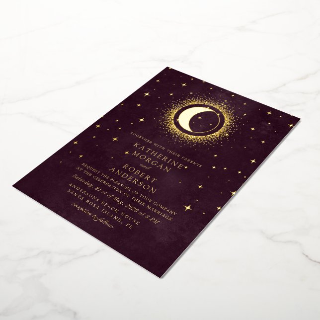 Invitation En Aluminium Céleste Bourgogne Or Lune Et Étoiles Mariage (Rotation)