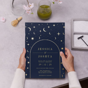 Invitation En Aluminium Céleste Marine Arc Cadre étoile Lune Or