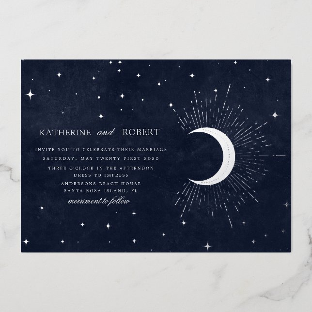 Invitation En Aluminium céleste minuit bleu argent étoiles Mariage (Recto)