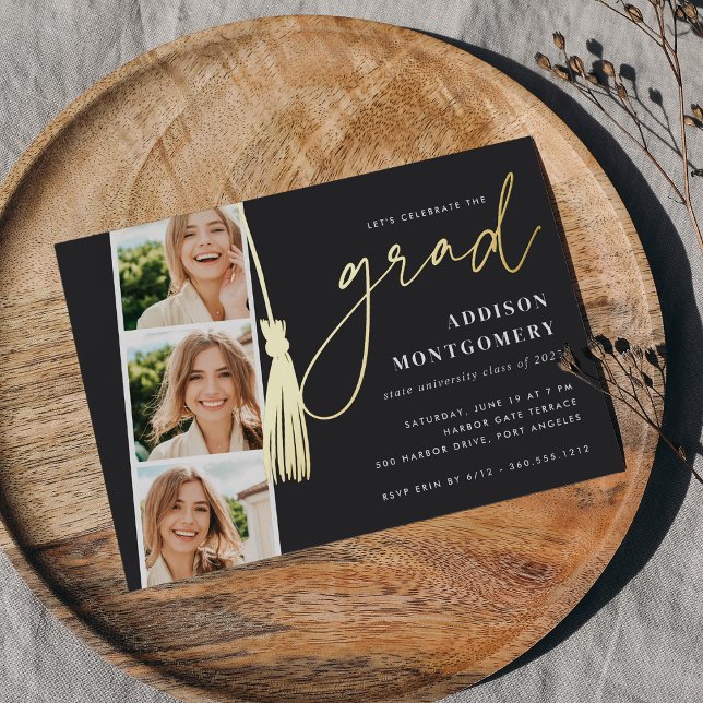 Invitation En Aluminium Cendre | Gold Tassel Photo Strip Graduation Party (Créateur téléchargé)