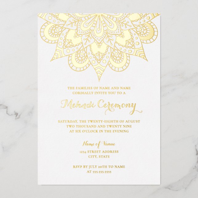 Invitation En Aluminium Cérémonie de Mandala Mehndi Gold Foil (Recto)