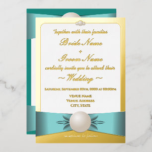 Invitation En Aluminium Cérémonie de Mariage Gold & Turquoise Pearl Ribbon