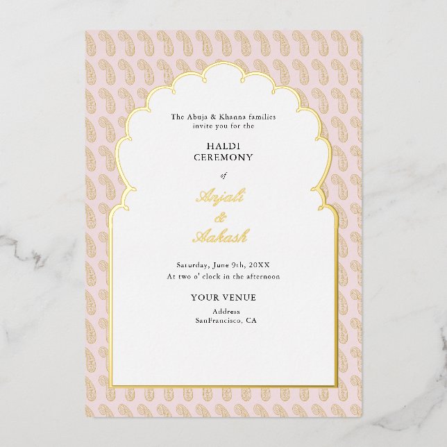 Invitation En Aluminium Cérémonie moderne rose & or Mehendi Indien (Recto)