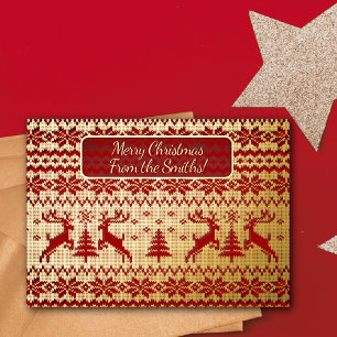 Invitation En Aluminium Cerfs et sapins de Noël tricotés en or sur fond ro