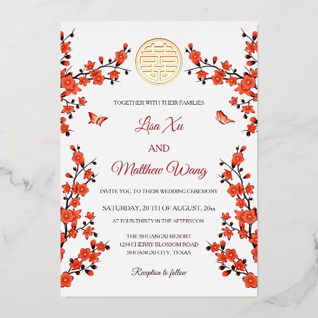 Invitation En Aluminium Cerisier Rouge Fleurissant | Mariage Chinois (Recto)