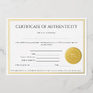 Invitation En Aluminium Certificat d'authenticité d'artiste élégant