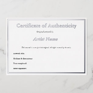 Invitation En Aluminium Certificat d'authenticité en argent Foil pour art