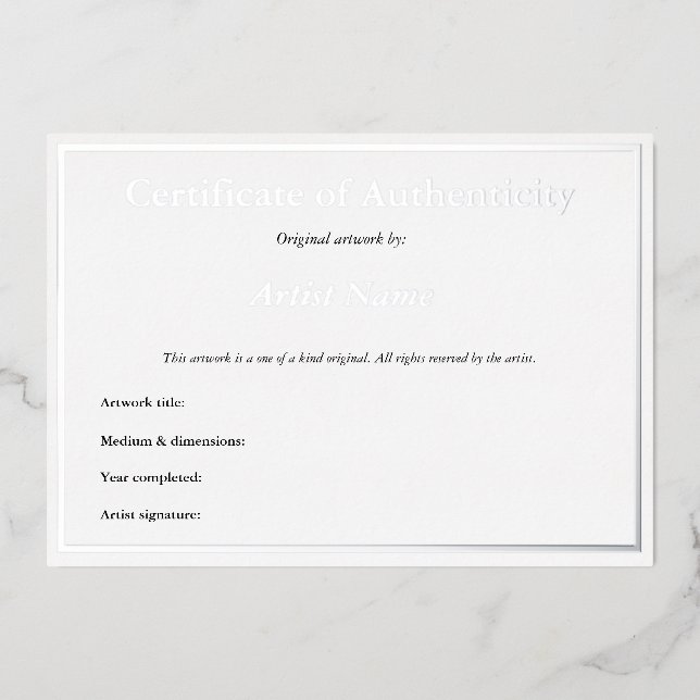 Invitation En Aluminium Certificat d'authenticité en argent Foil pour art (Recto)