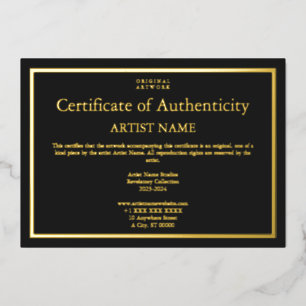 Invitation En Aluminium Certificat d'authenticité en feuille d'or noir Art