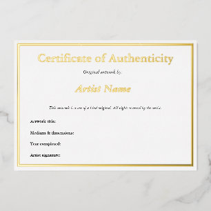 Invitation En Aluminium Certificat d'authenticité Gold Foil pour l'art