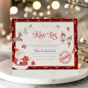 Invitation En Aluminium Certificat de la liste des gentils du Père Noël In