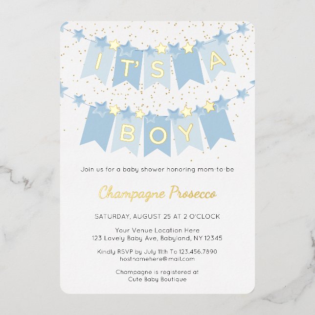 Invitation En Aluminium C'est un garçon Blue Bunting Flags Baby shower pho (Recto)