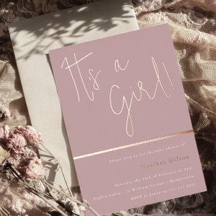 Invitation En Aluminium C'est une fille ! Dusty Rose Mauve Baby shower Ros