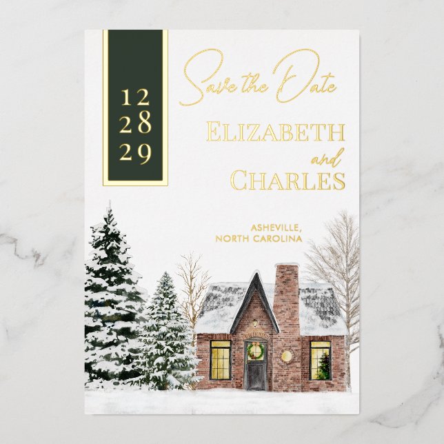 Invitation En Aluminium Chalet Cabine d'hiver Vert Rustique Enregistrer La (Recto)