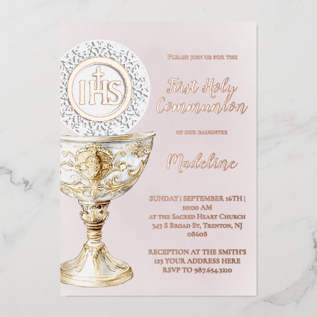 Invitation En Aluminium Chalice Host First Communion girl (Recto)