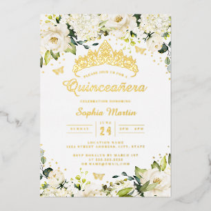 Invitation En Aluminium Champagne d'or Quinceanera Florale Blanche